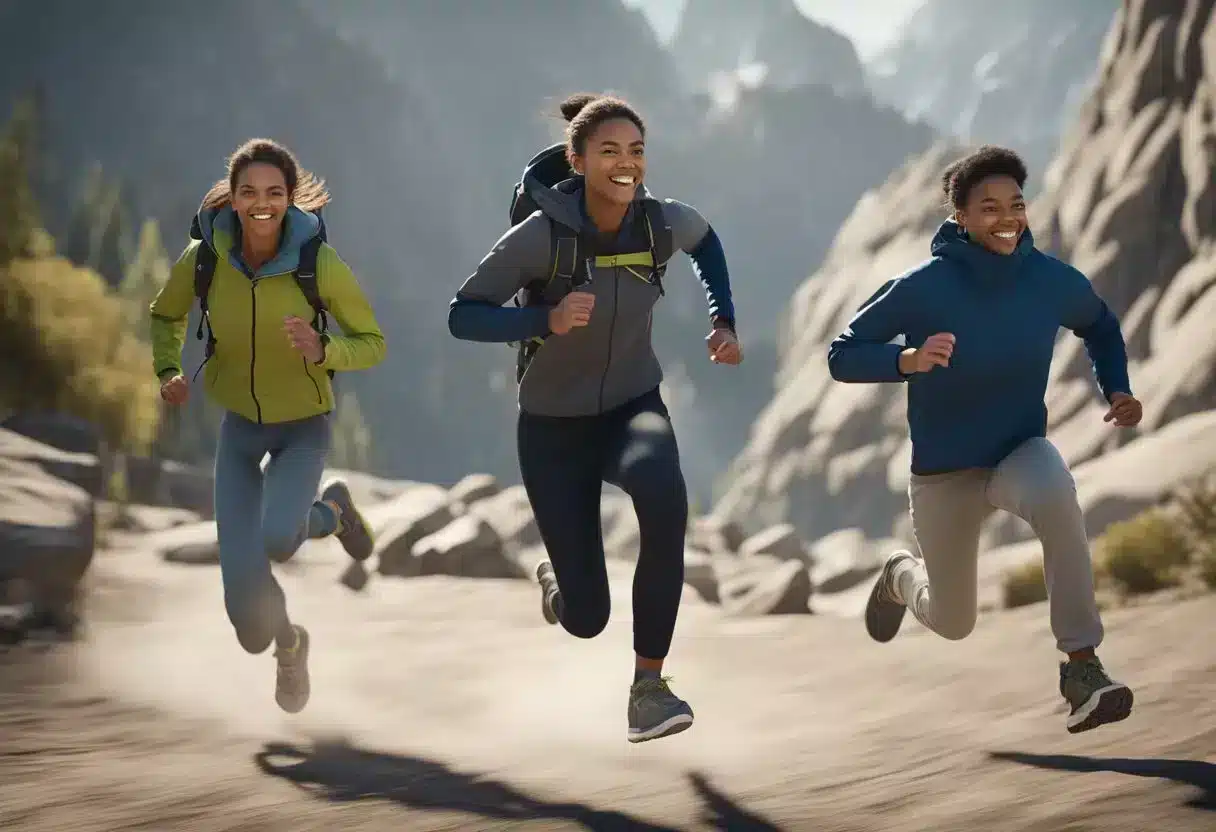 A person is doing jumping jacks, while another is running in place. A third person is doing high knees, and a fourth is doing mountain climbers