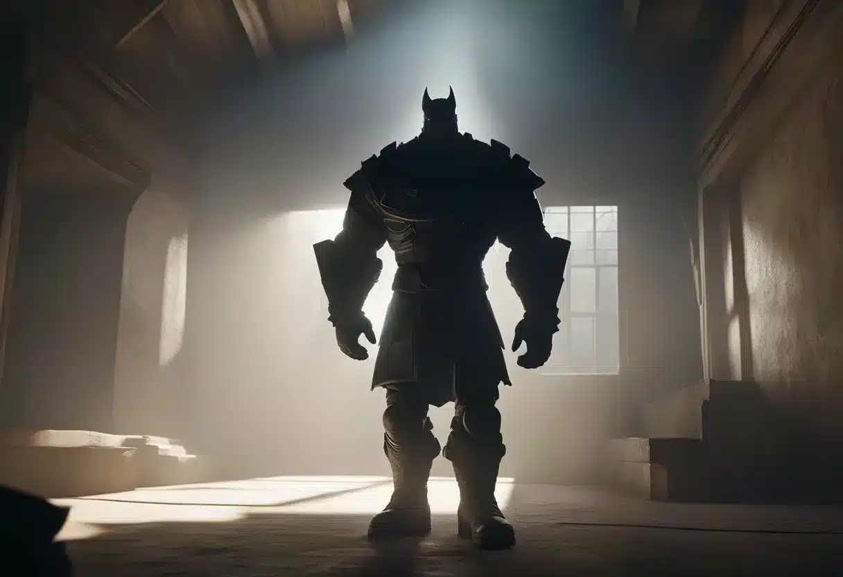 A figure cowers as a looming shadow casts a menacing presence. The atmosphere is tense, with a sense of fear and control