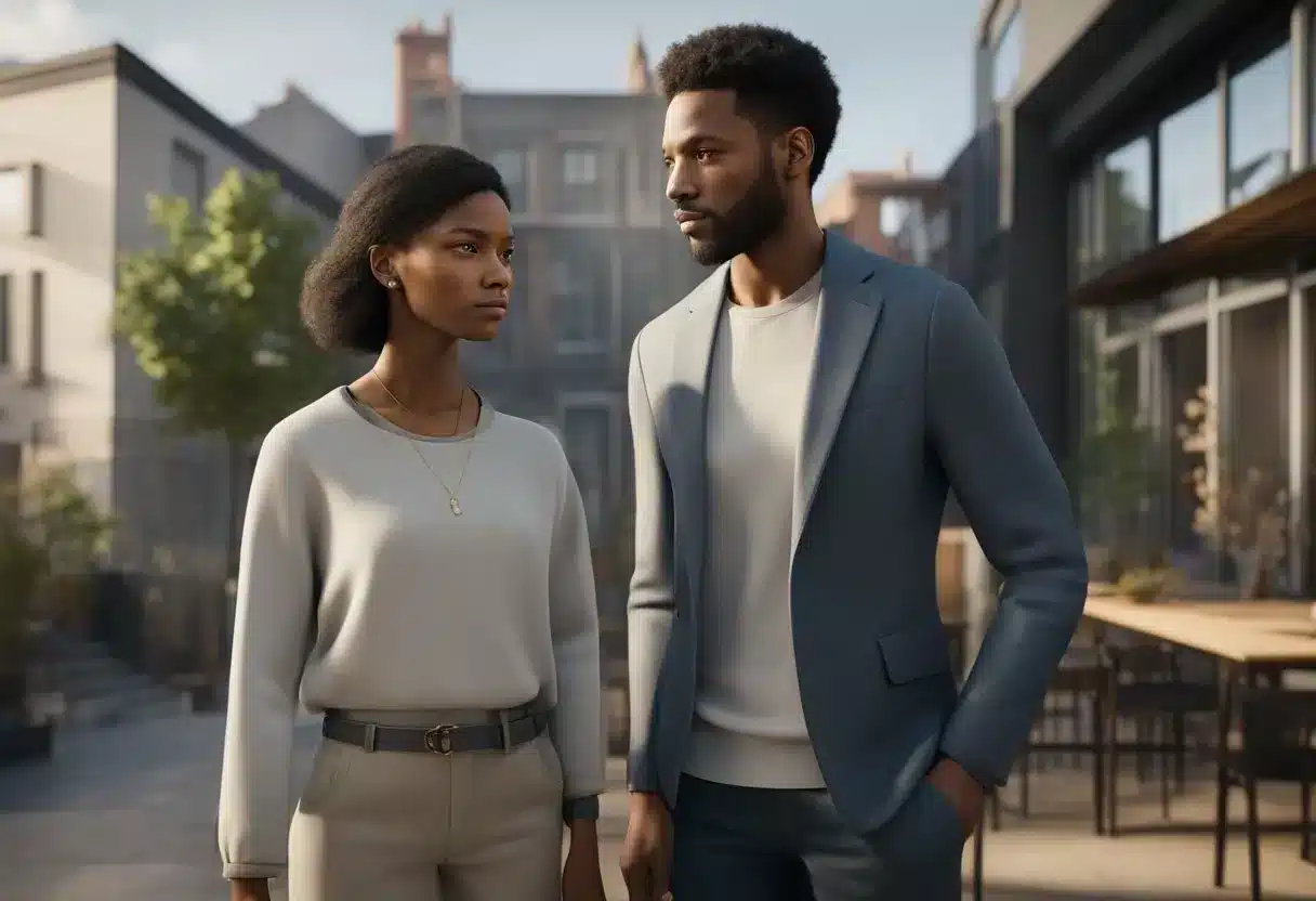 Two individuals standing close, with intense eye contact and body language showing dependency and manipulation