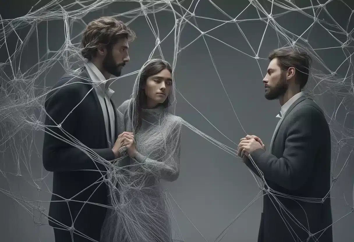 Two figures entwined in a web of tangled emotions, caught in a cycle of dependency and manipulation, unable to break free