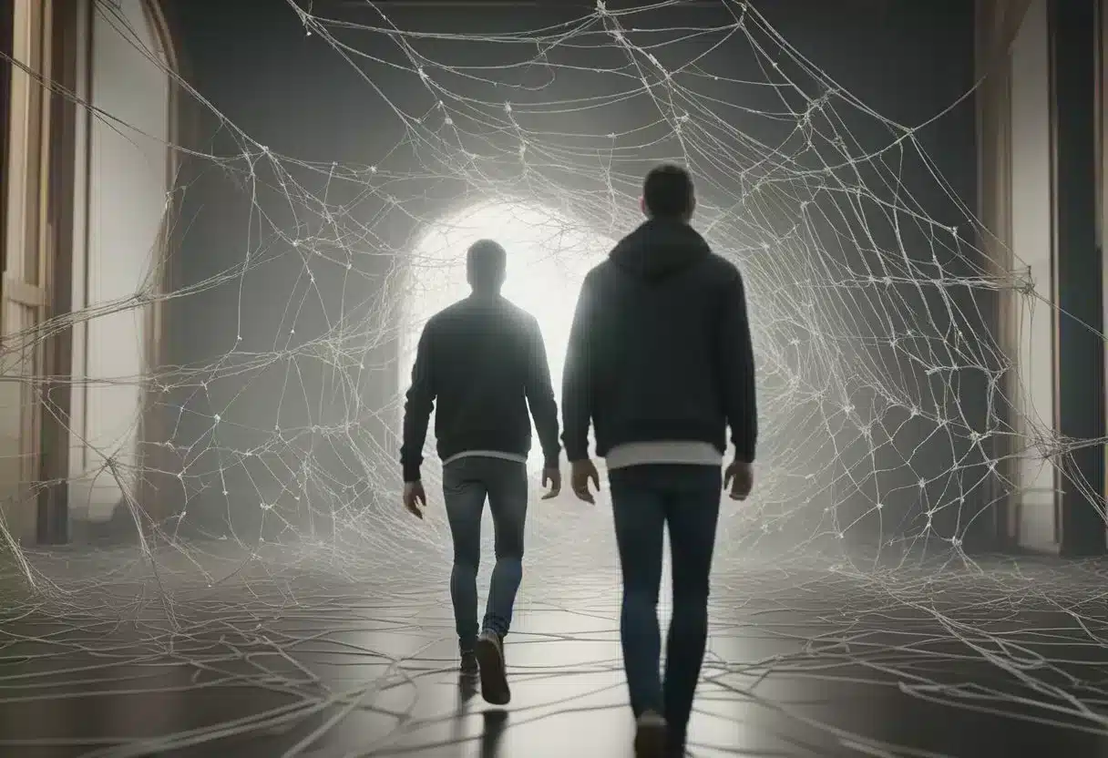 Individuals walking away from a tangled web of emotional ties, breaking free from trauma bonding and moving forward with determination and resolve