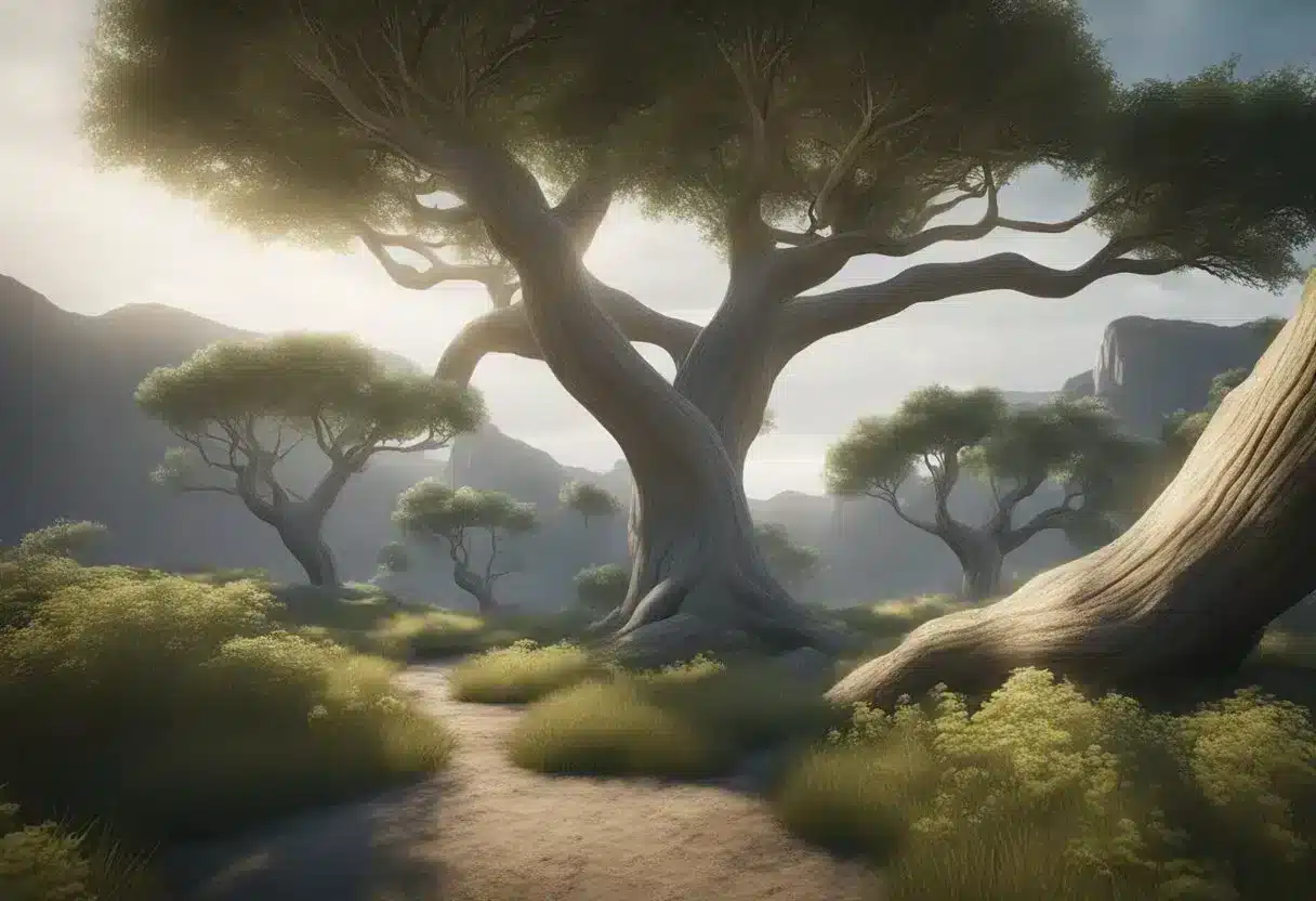 A serene landscape with two intertwining trees, one damaged but healing, symbolizing trauma bonding and recovery