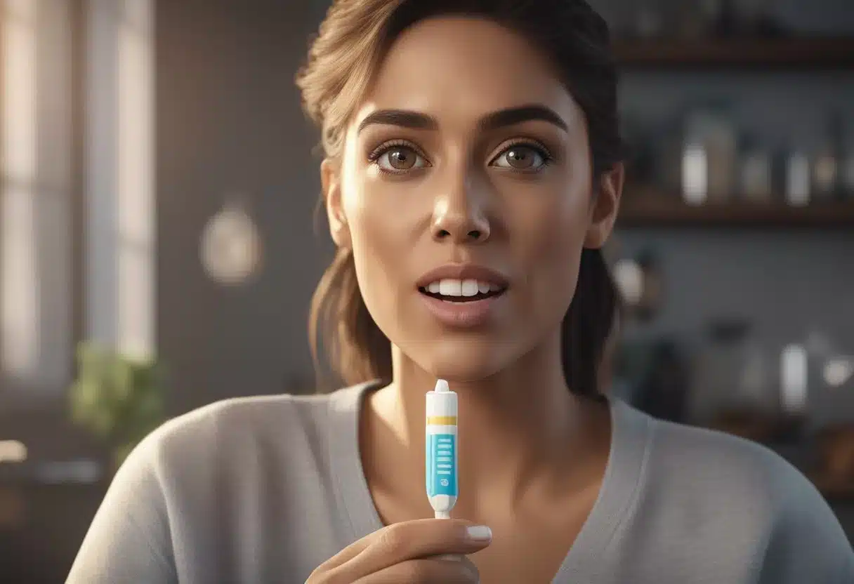 A woman holding a pregnancy test with a surprised expression