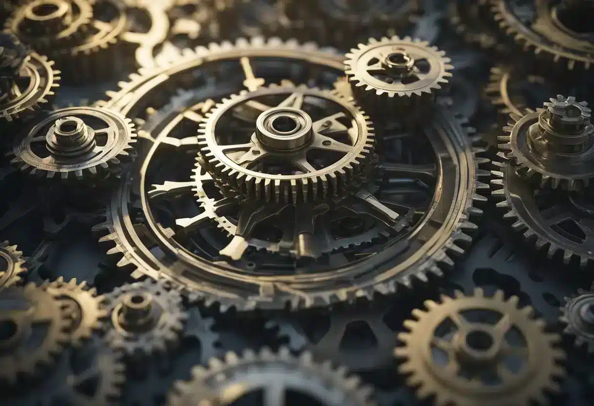 A group of interconnected gears and cogs, symbolizing support systems, surrounded by a network of intertwined roots, representing resources