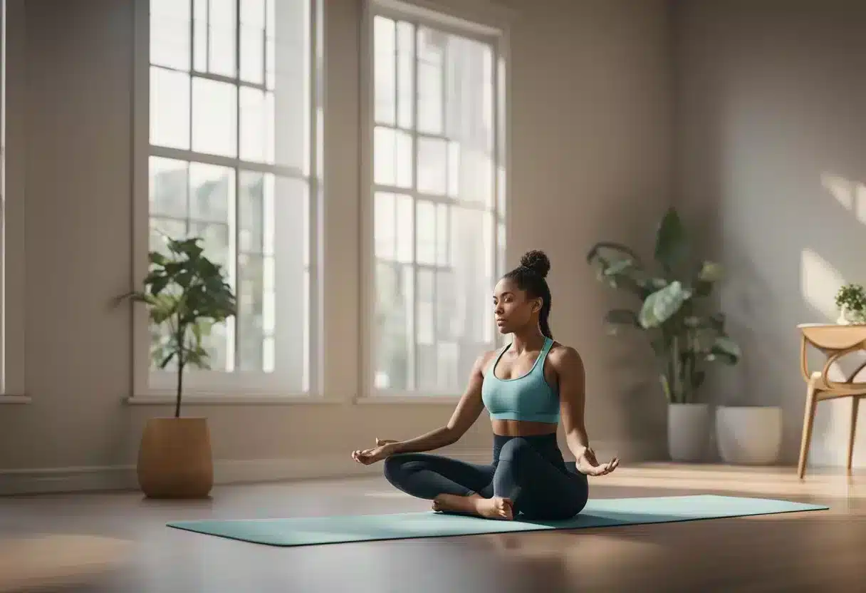 A person is sitting on a yoga mat, legs crossed and back straight. They are focused and engaged in performing pelvic floor exercises