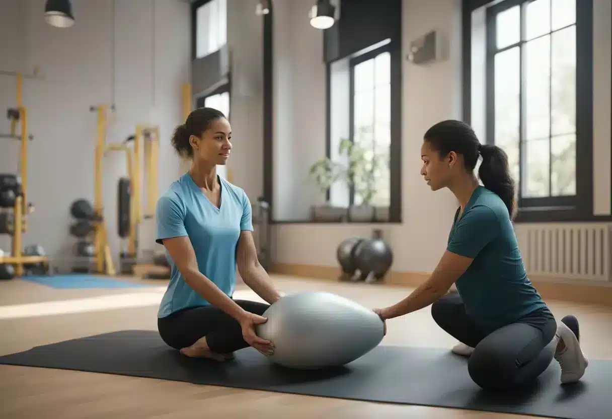 A physical therapist guides a client through pelvic floor exercises