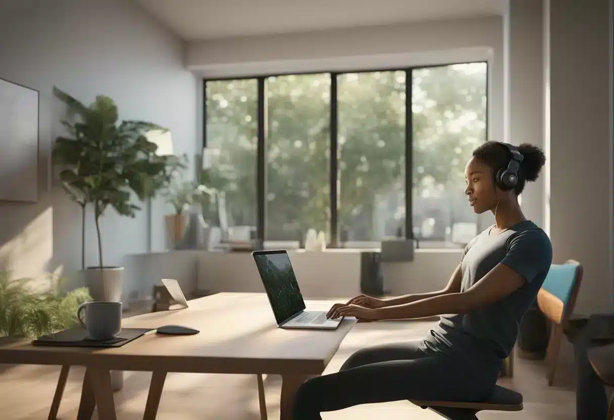 A person sitting at a desk, typing on a computer while subtly engaging their pelvic floor muscles. A yoga mat and exercise ball are nearby, indicating integration into daily life