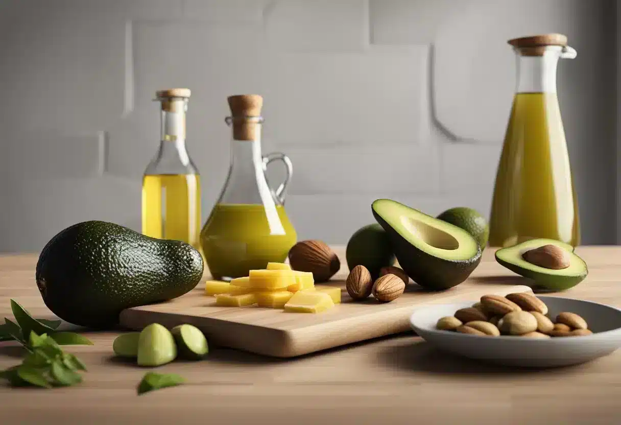 A table with an assortment of high-fat foods like avocados, nuts, and olive oil, with a prominent "healthy choices" label