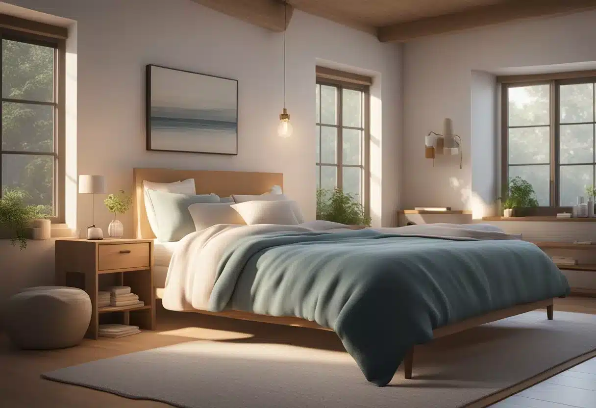 A serene setting with a cozy bedroom, a woman's bedside table with prenatal vitamins, a pregnancy test, and a journal for tracking symptoms