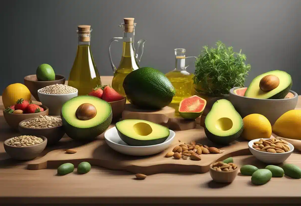 A table with a variety of high-fat foods: avocados, nuts, seeds, olive oil, and fatty fish, surrounded by colorful fruits and vegetables