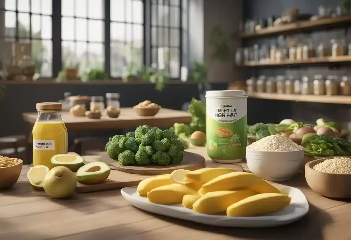 A variety of healthy high-fat foods arranged on a table with a banner reading "Frequently Asked Questions healthy high-fat foods" in the background