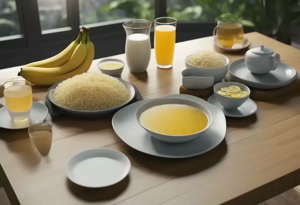 A bowl of plain rice with a side of steamed vegetables and a cup of peppermint tea on a plain table