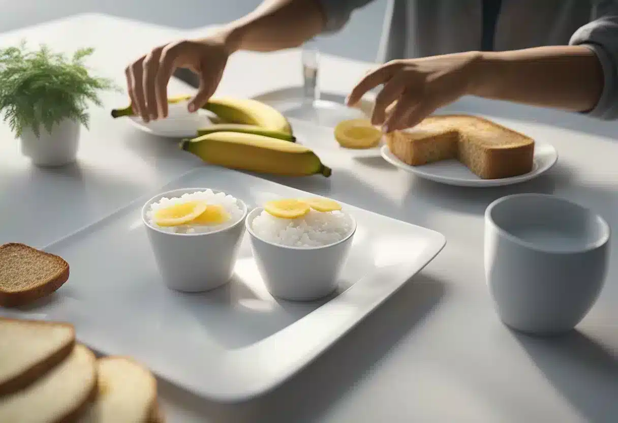 A person reaching for bland foods like rice, bananas, and toast on a plain white plate with a glass of water next to it