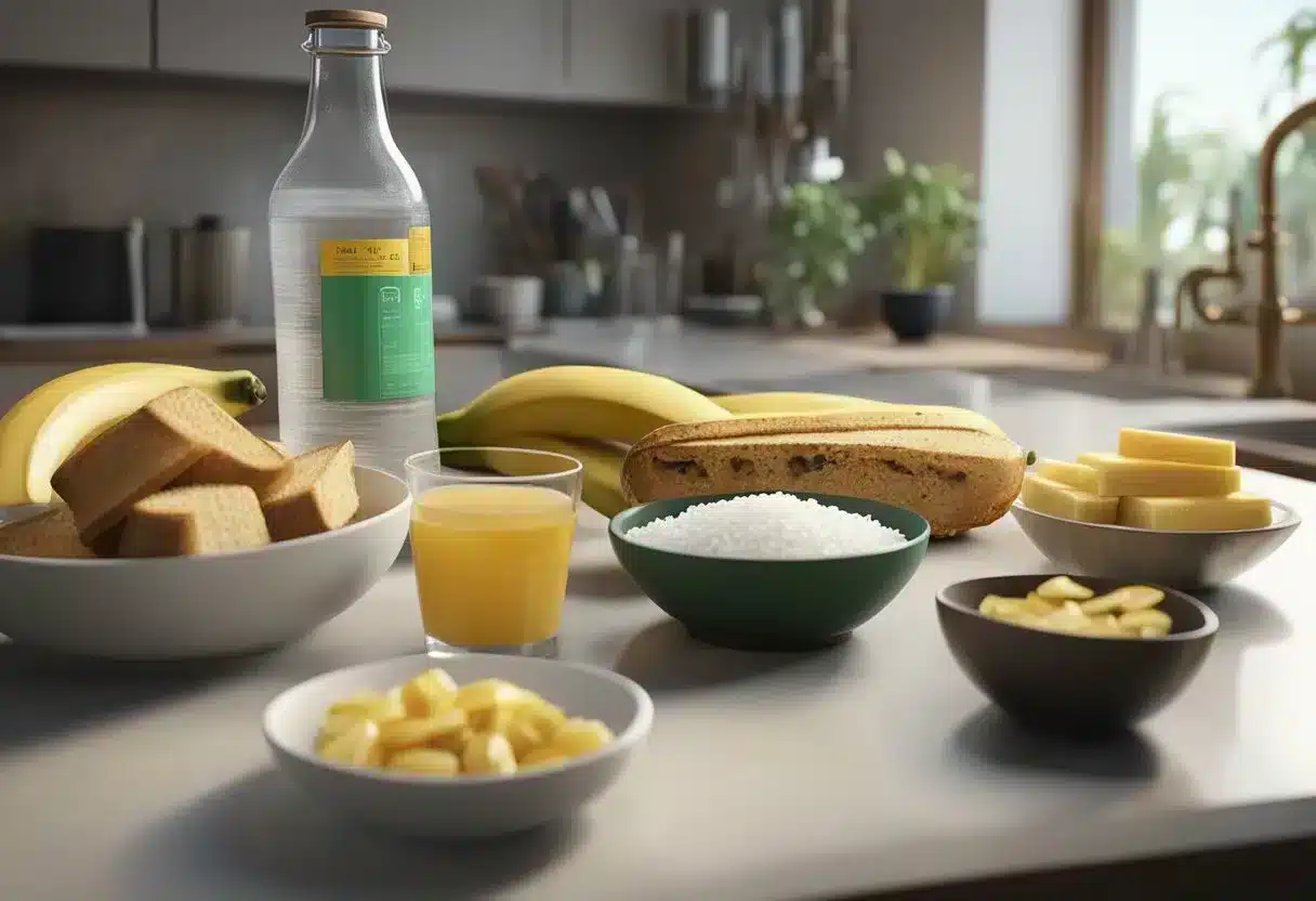 A table with bland foods like rice, bananas, and toast. A glass of clear fluids nearby. Medication bottles on the counter