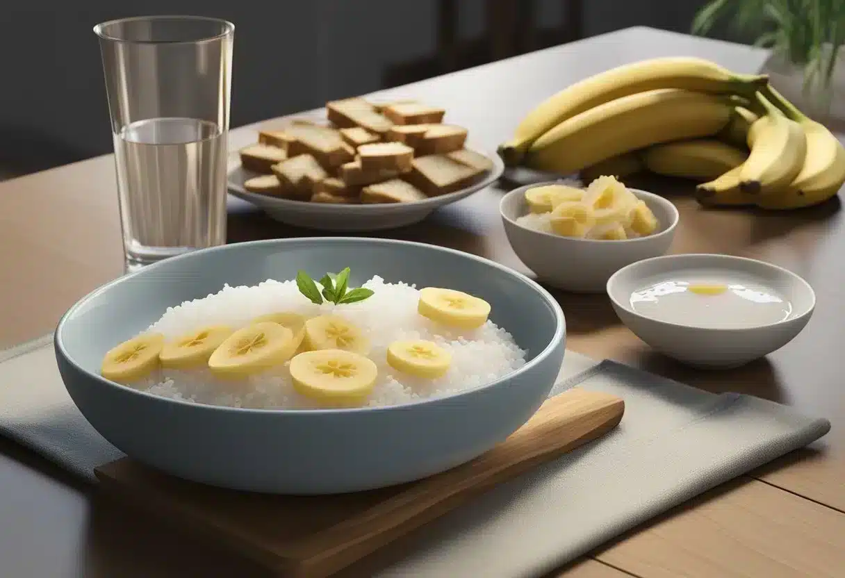 A table with bland foods like rice, bananas, and toast. A glass of water and a bowl of clear broth. A list of foods to avoid