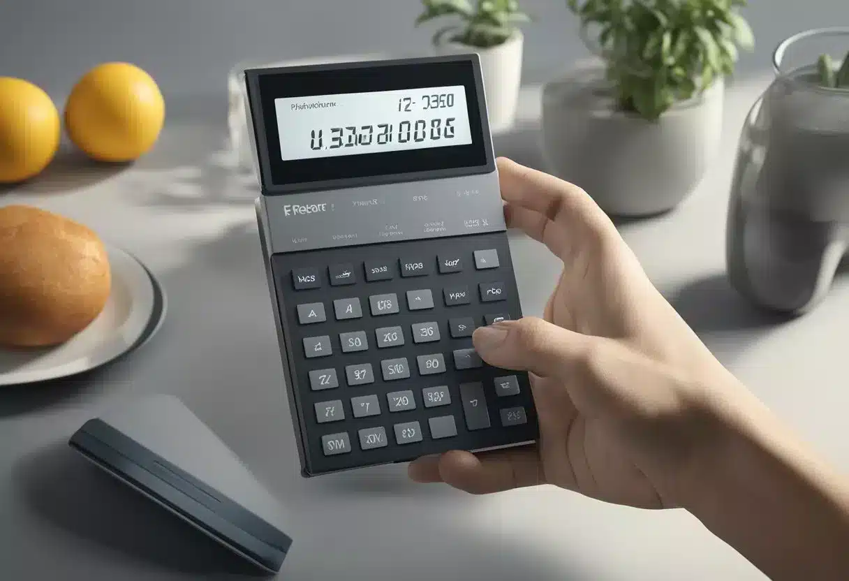 A person using a calculator to determine their daily caloric needs based on factors like age, weight, height, and activity level