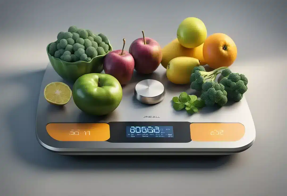 A kitchen scale measures out portions of fruits, vegetables, and proteins. A fitness tracker displays the daily calorie goal