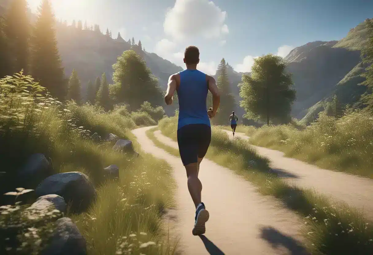 A person jogging on a trail with a fitness tracker showing a calorie burn goal of 500 for the day