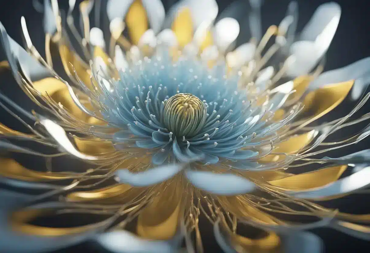 A delicate flower blooming, radiating waves of sensation, as tendrils of energy spiral outward from its center