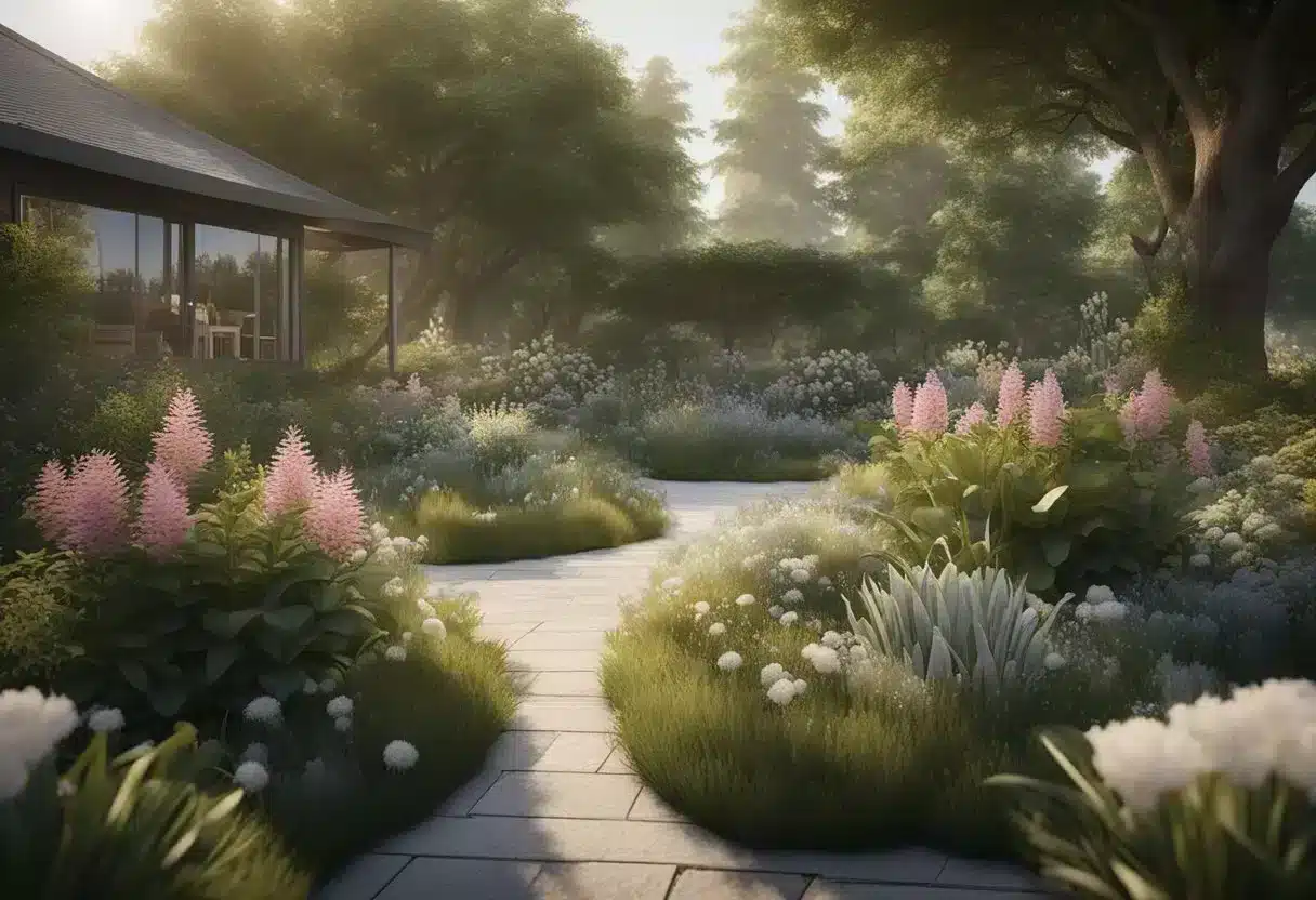 A serene outdoor setting with a variety of plants and flowers, showcasing their natural mosquito-repelling properties