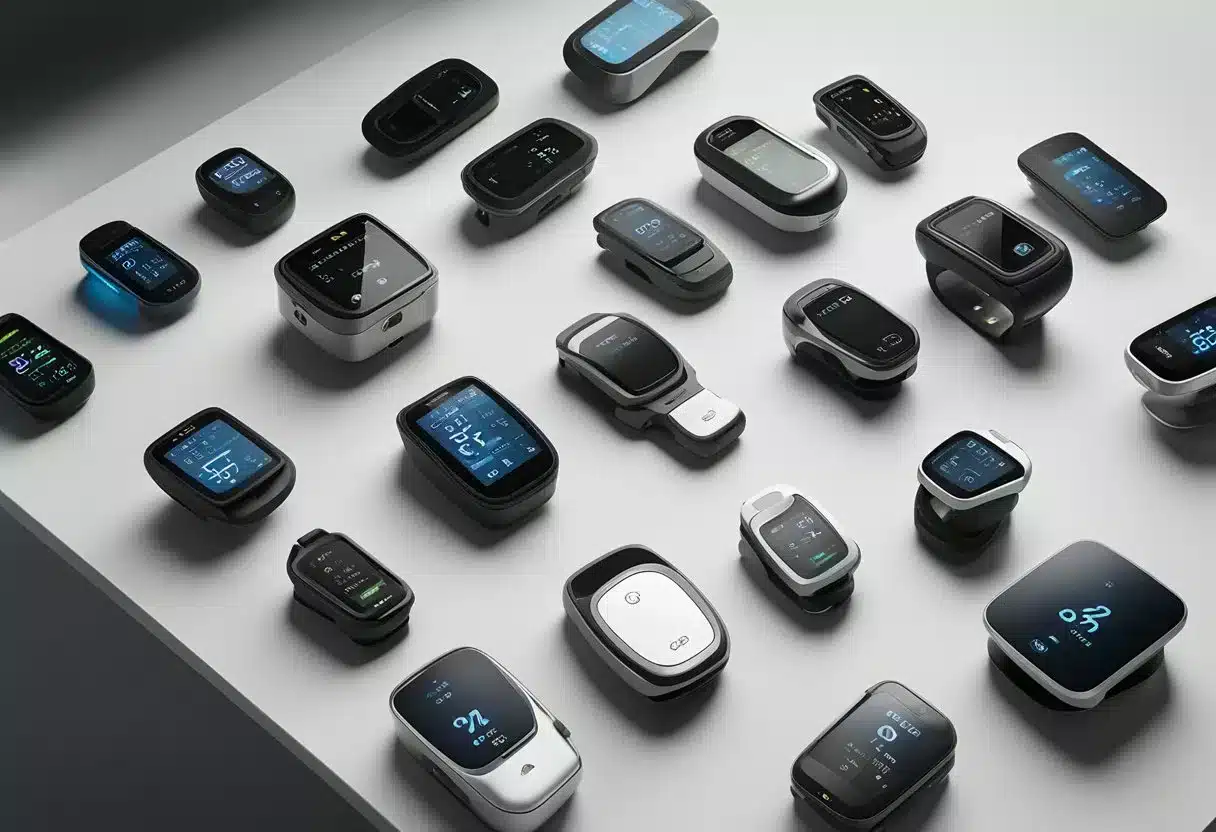 Various pulse oximeters arranged on a table with different designs and sizes=