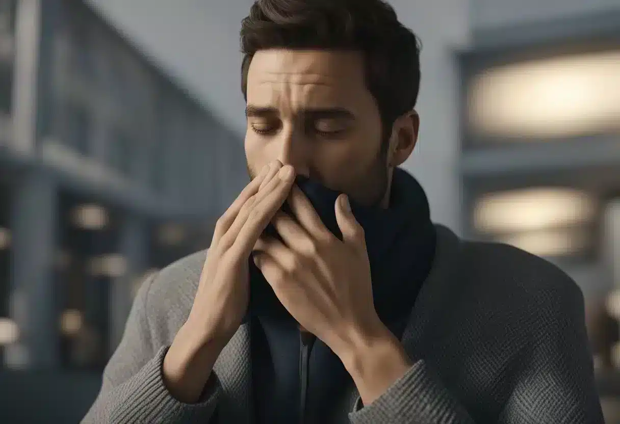 A person coughs dryly, with a hand covering their mouth