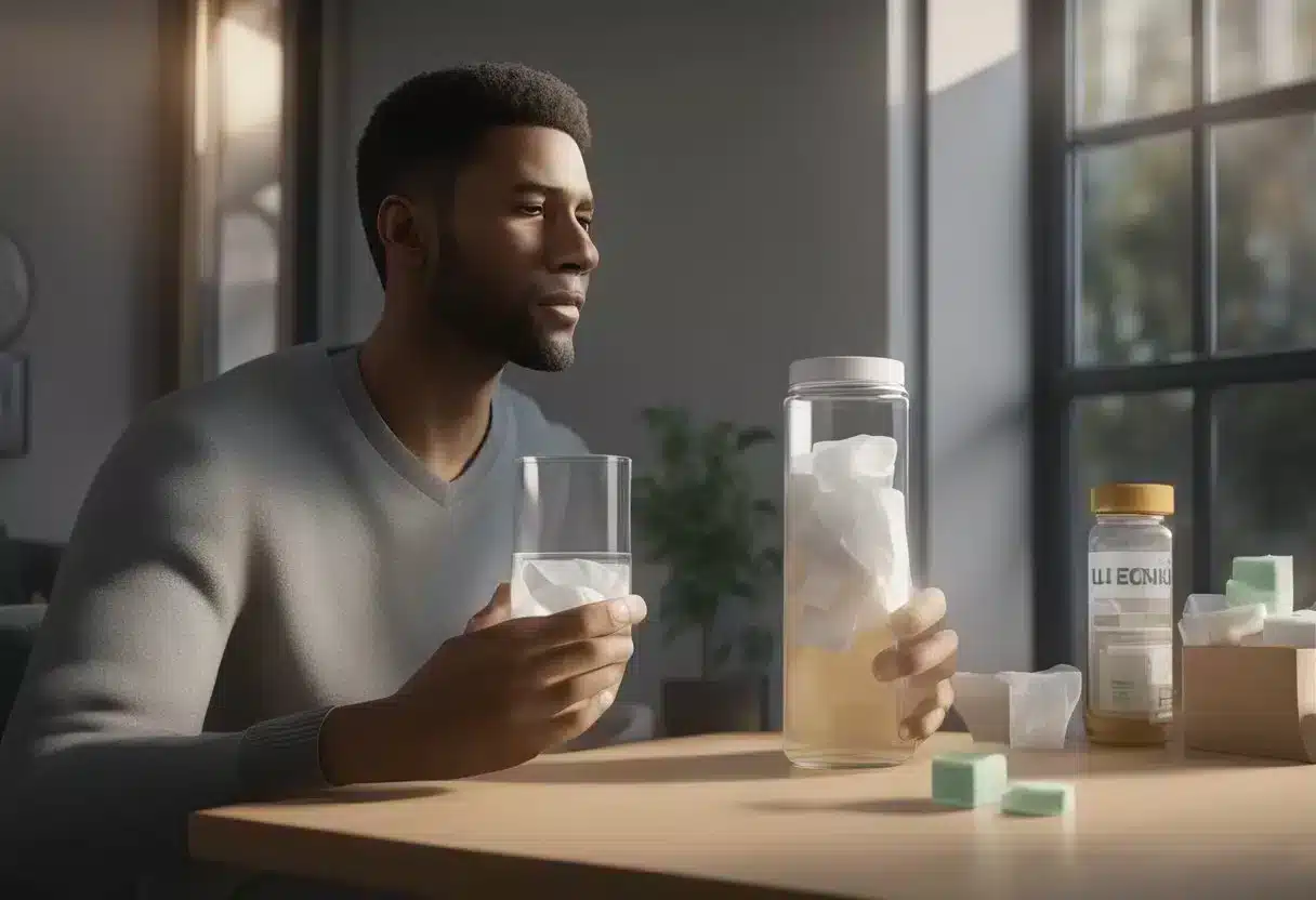 A person with a dry cough, holding tissues, surrounded by cold medicine and a glass of water