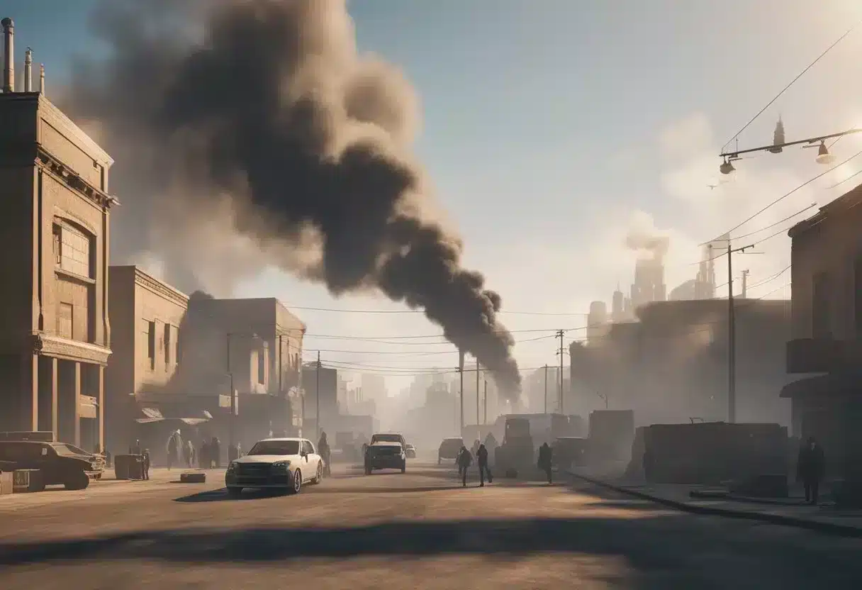 A dry, dusty environment with smoke and pollution. People smoking or exposed to secondhand smoke. Busy city streets with industrial pollution
