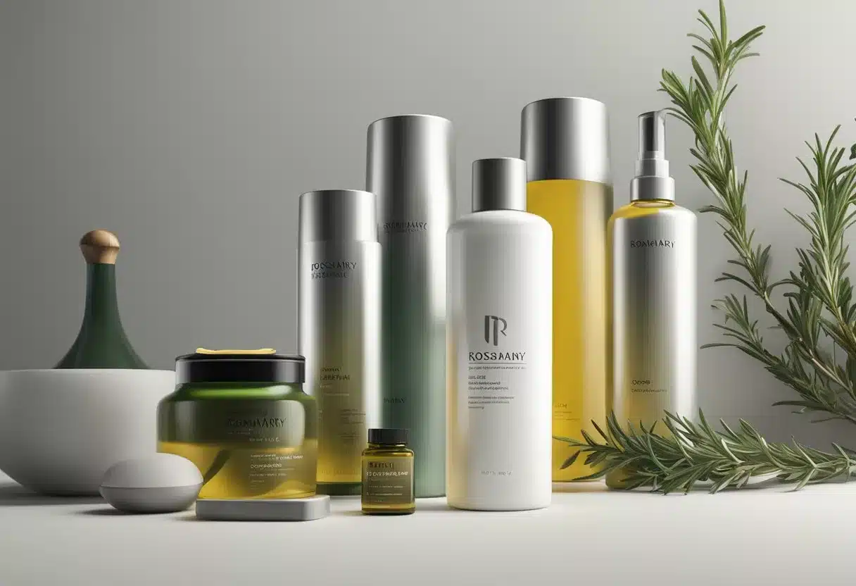 A bottle of rosemary oil surrounded by hair care products and a list of FAQs on a digital screen
