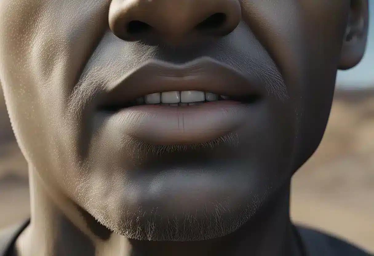 A person's throat is depicted, with a dry, scratchy sensation evident. The surrounding air appears parched and lacking moisture