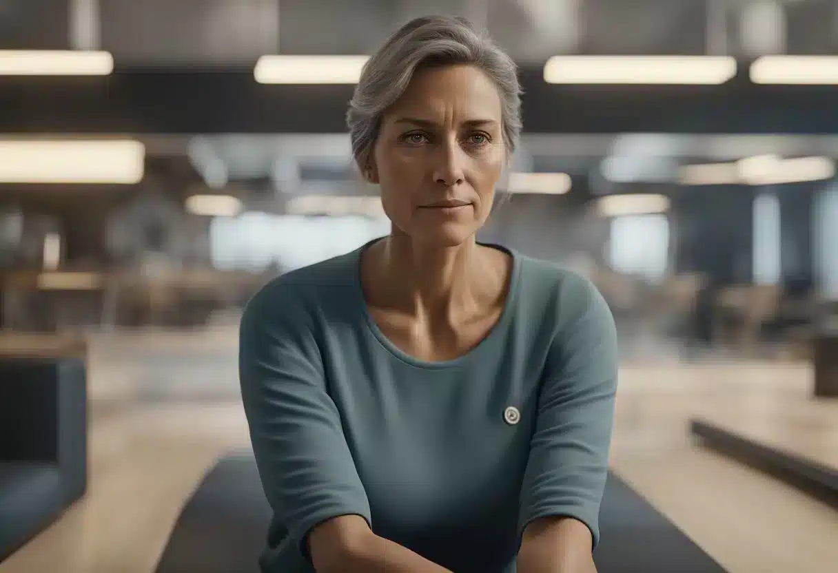 A woman with high cortisol levels exhibits fatigue, weight gain, and mood swings. Her body shows signs of inflammation and muscle weakness