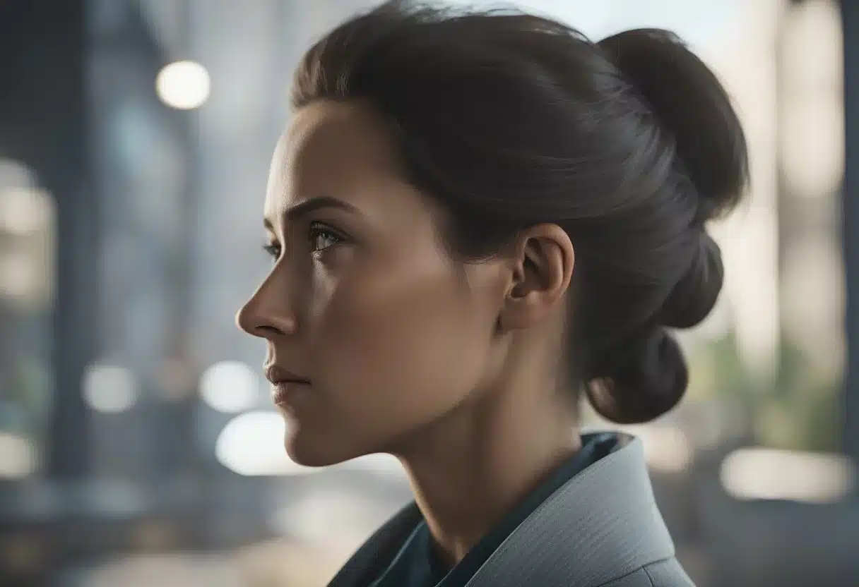 A woman with high cortisol levels, showing signs of stress and fatigue, with a tense expression and tense posture