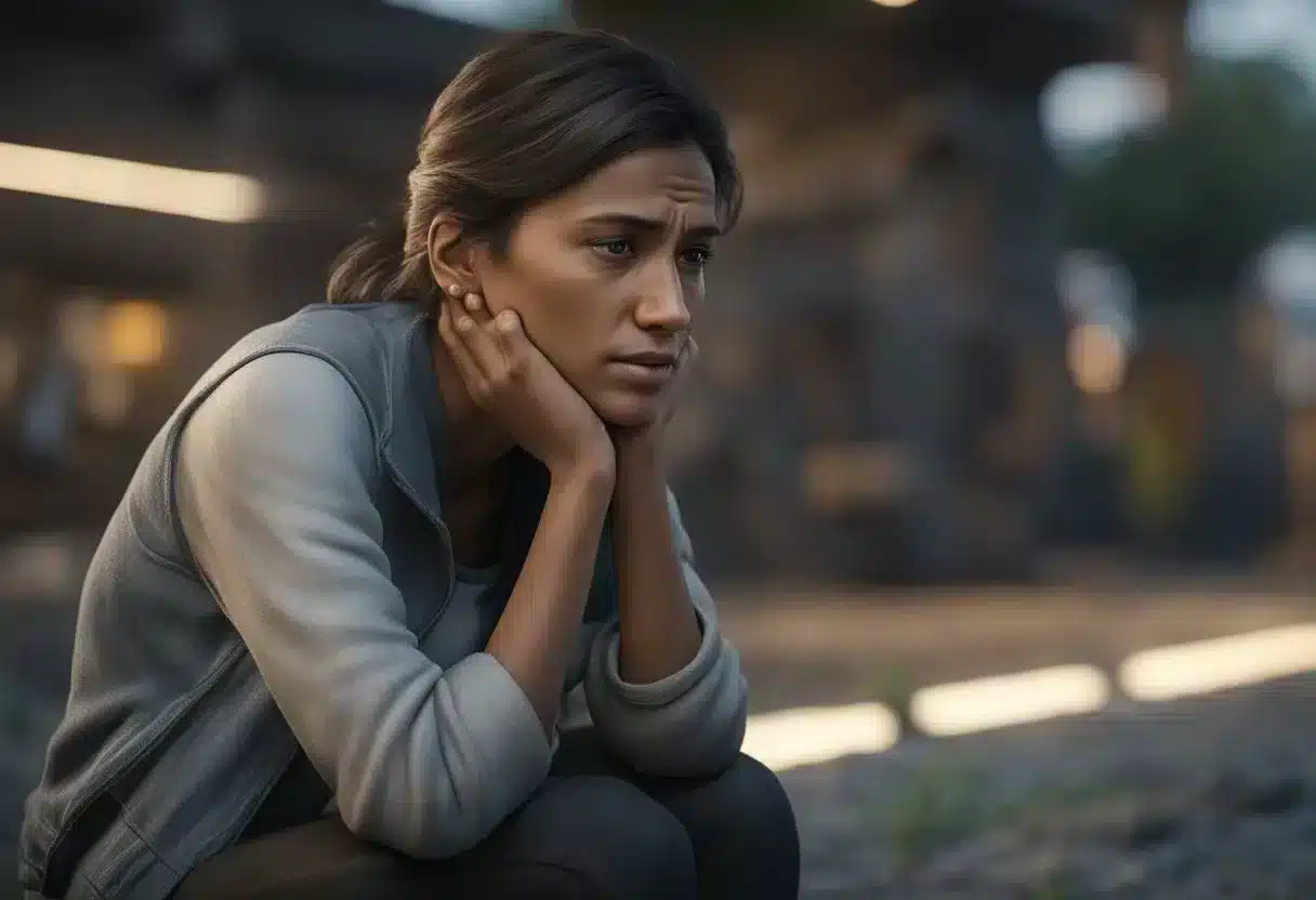 A woman sits hunched over, clutching her stomach in pain, with a look of exhaustion on her face. Sweat beads on her forehead, and her breathing is shallow and rapid
