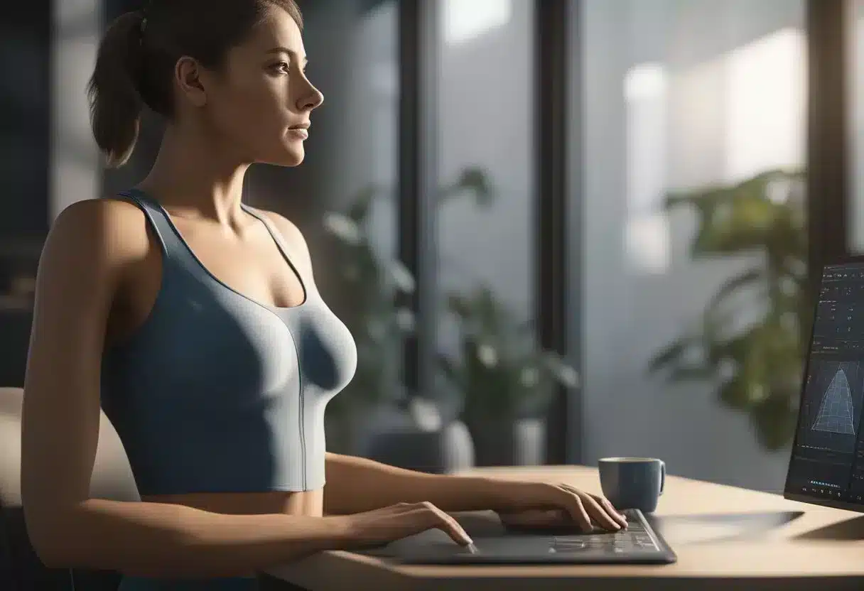 A woman's body under stress, with signs of anxiety and fatigue, and physical symptoms such as weight gain and high blood pressure