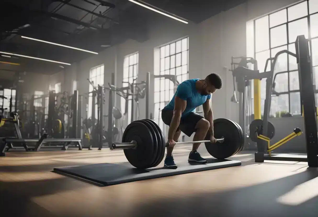 A gym with weightlifting equipment, dumbbells on one side, and resistance bands on the other. A person is performing a push exercise on one end, and a pull exercise on the other end