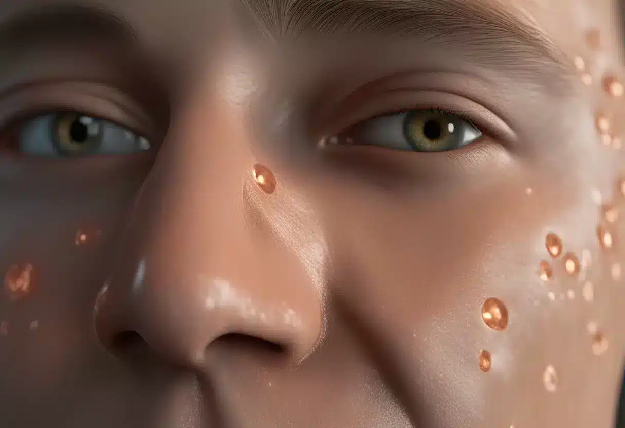 A close-up of a red, inflamed pimple on a smooth, unblemished skin surface, surrounded by smaller, less noticeable acne lesions