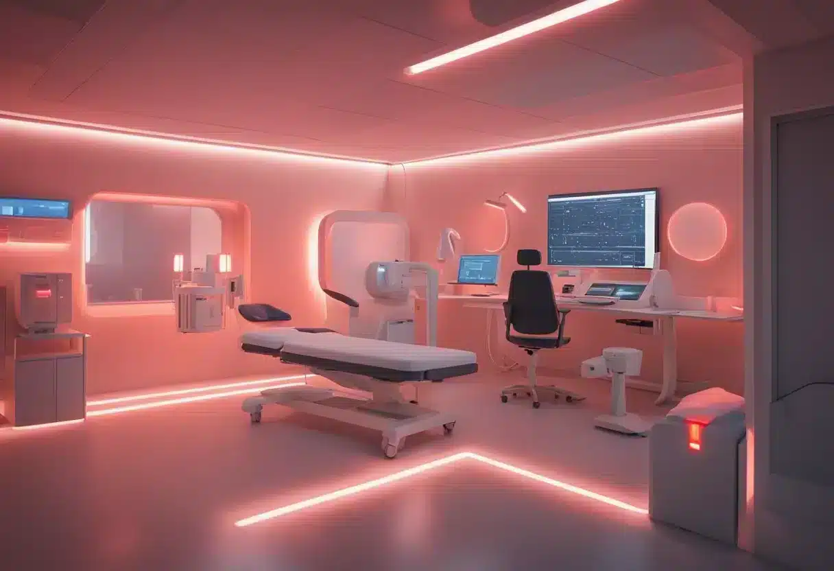 A clinical setting with red light therapy equipment in use. Visible effectiveness on targeted area