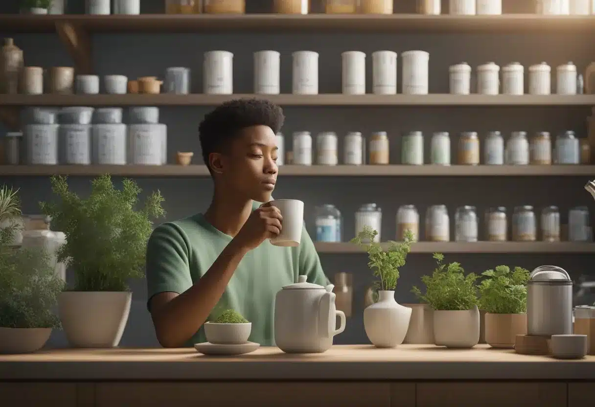 A person drinks herbal tea, takes a walk, and uses over-the-counter gas relief medication to remove gas from their stomach