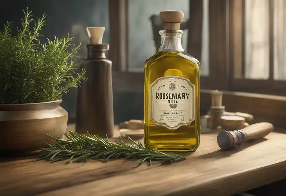 A vintage bottle of rosemary oil sits on a wooden vanity, surrounded by antique hair accessories and a faded photograph of a woman with long, lustrous hair