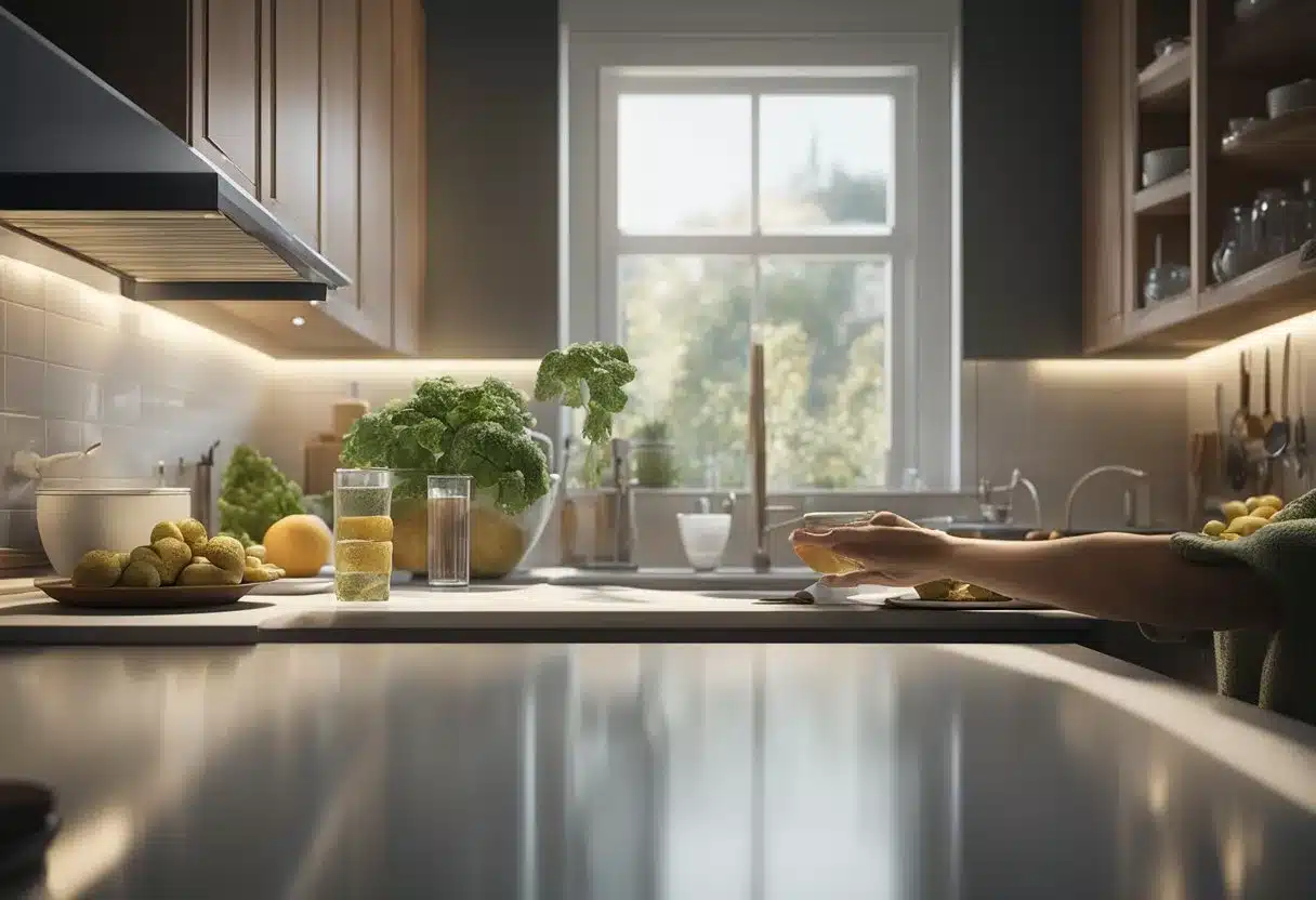 A person reaching for a glass of water and a bowl of fiber-rich food on a kitchen counter