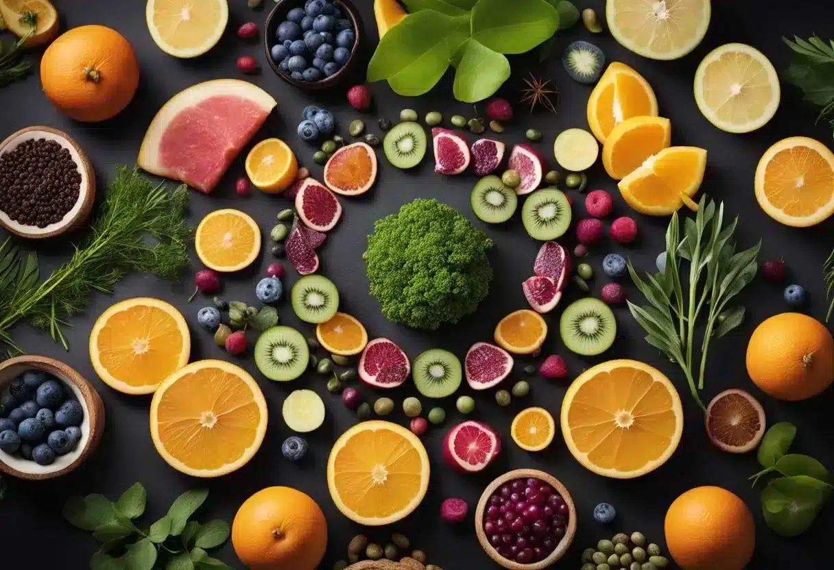 A collection of natural ingredients arranged in a circular pattern, radiating energy and vitality, surrounded by vibrant colors and symbols representing renewal and metabolic regeneration