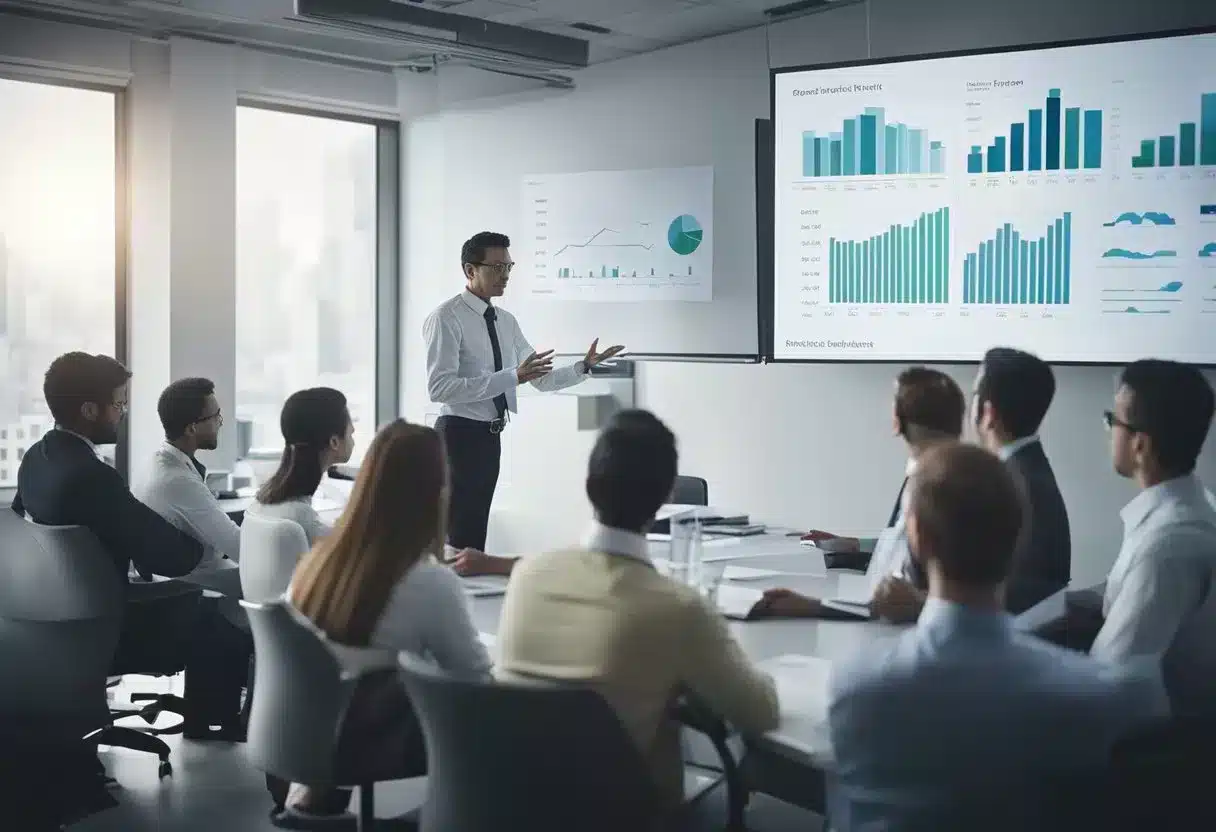 A scientist presents research data with charts and graphs, while a group of professionals listen attentively