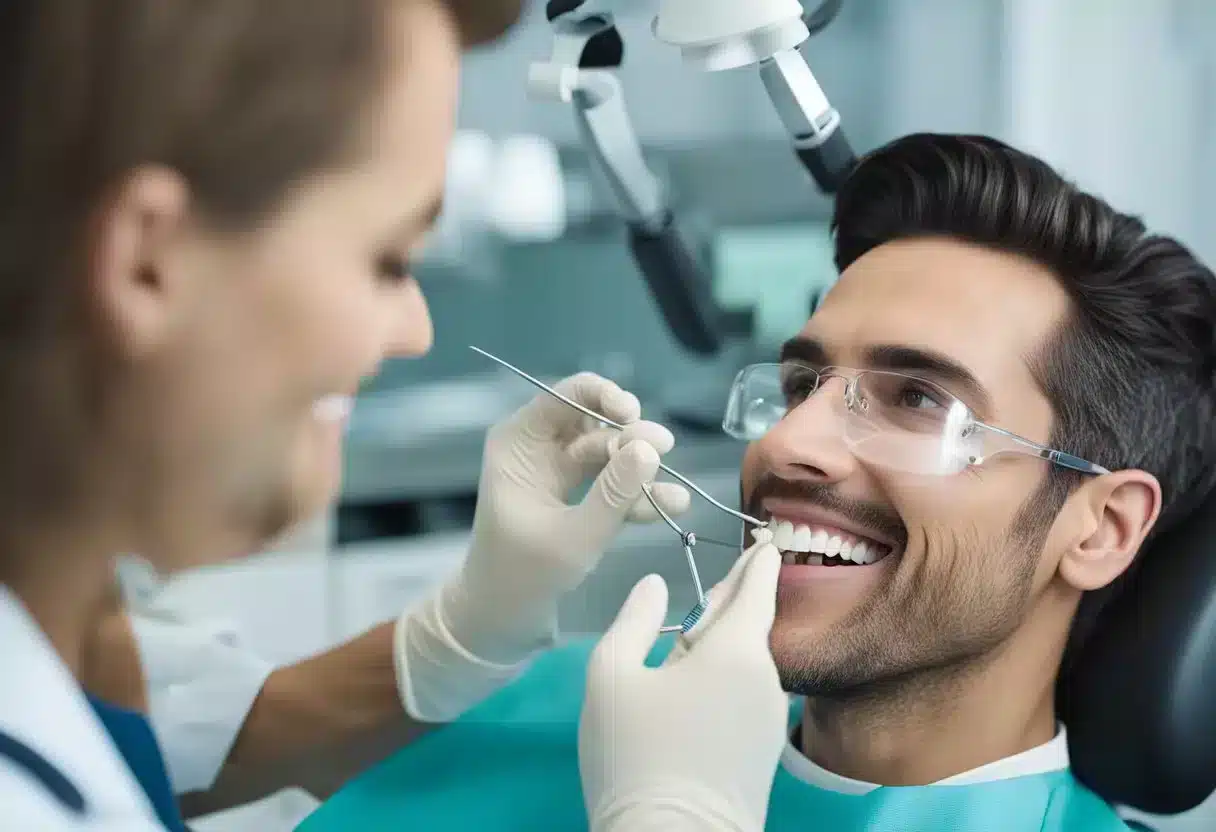 A dentist examines a patient's teeth for ProDentim review, highlighting oral health challenges. Instruments and dental equipment are visible in the background