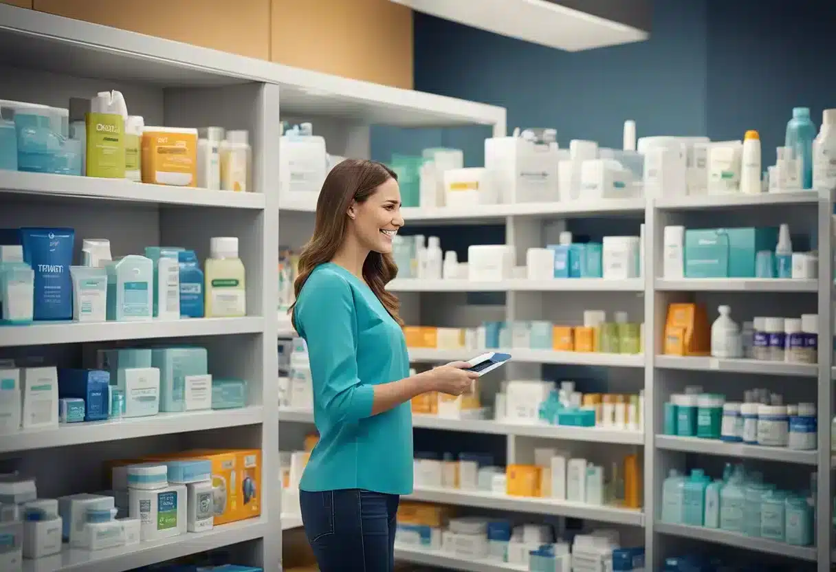 A customer browsing through dental products with a "ProDentim" sign in the background. Various offers and promotions are displayed on the shelves
