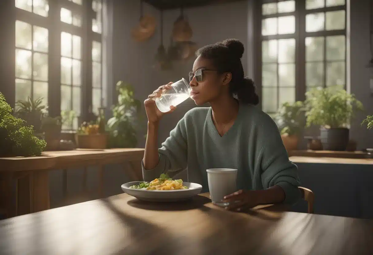 A person drinking water and eating high-fiber foods