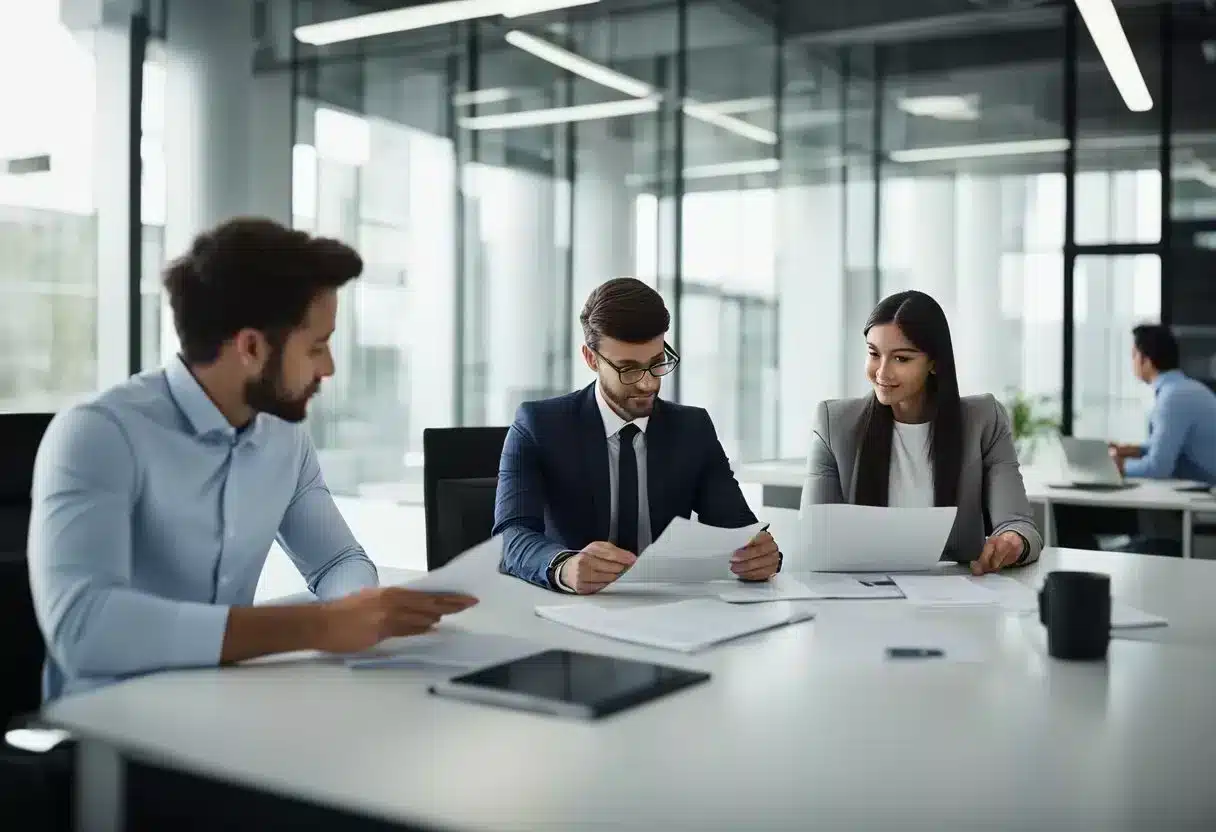 Employees reading and discussing company policies in a modern office setting. Documents and computers visible