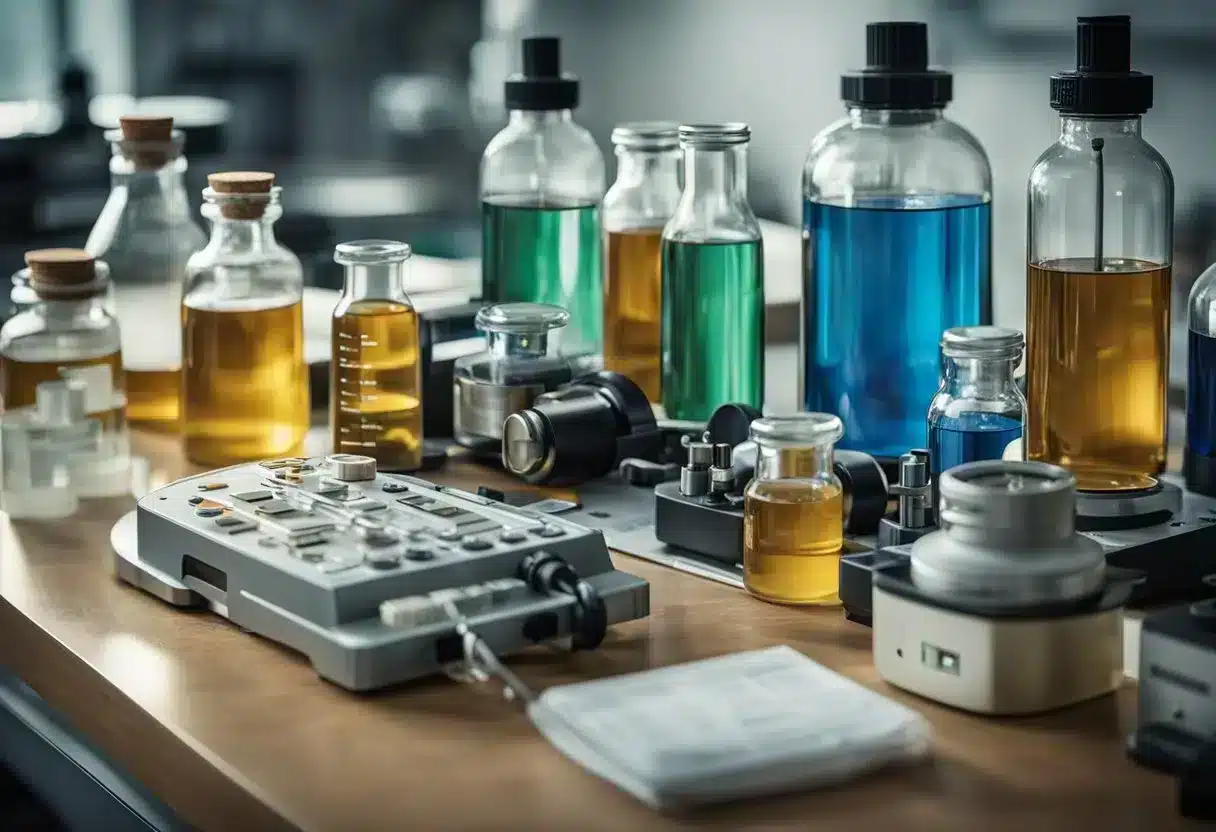 A laboratory table with various scientific equipment and bottles labeled "ZenCortex Ingredients" and "ZenCortex Review."