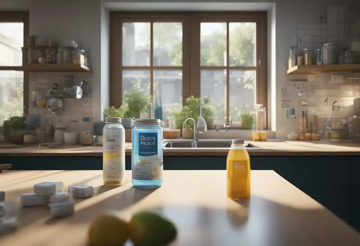 A person reaching for antacids on a cluttered kitchen counter, while a bottle of water sits nearby. A calendar on the wall shows a date circled with "doctor's appointment."