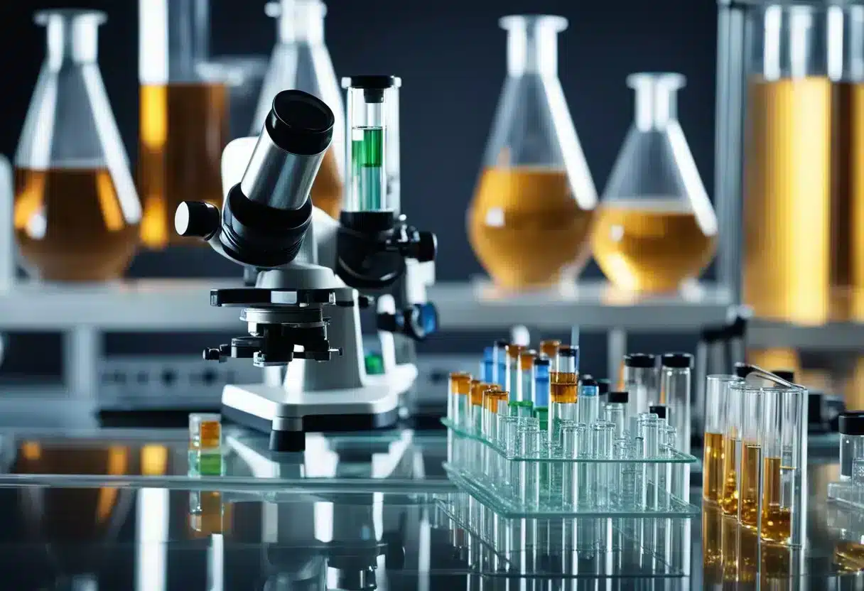 A laboratory setting with test tubes, beakers, and a microscope. A molecular structure of advanced glycation end products displayed on a computer screen