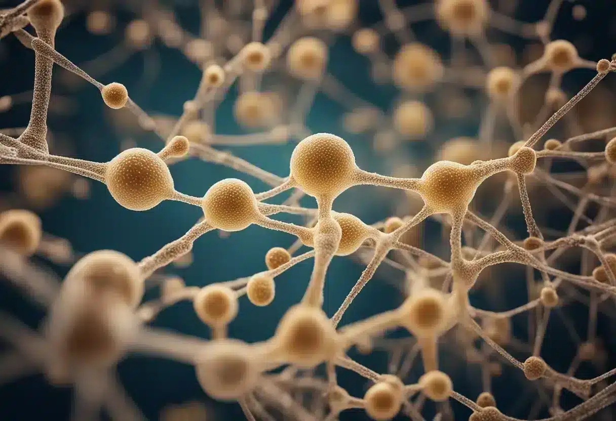 A network of tangled proteins and sugars, forming crusty deposits on a cellular level, causing oxidative stress and inflammation